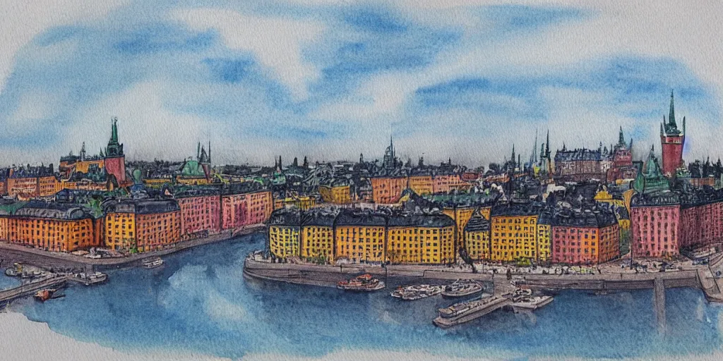 Image similar to isometric view of stockholm, watercolour realism