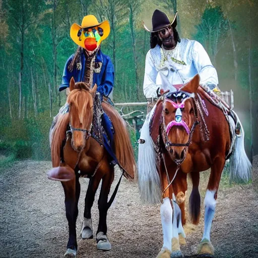 Prompt: snoop dog as a cowboy on horseback next to a clown