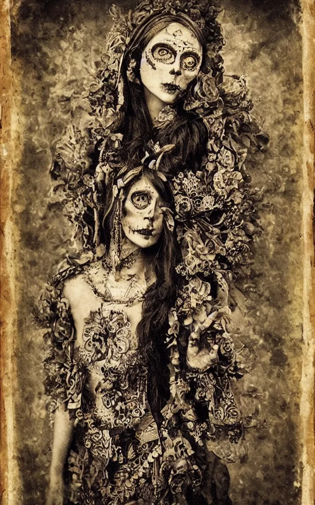 Image similar to tintype full body view, virgin mary in dia de muertos dress and make up, horrific beautiful vibe, evocative, atmospheric lighting, painted, intricate, highly detailed,