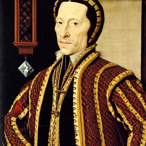 Image similar to a highly detailed portrait of miles edgeworth, wearing elegant tudor clothes, inside a room with thick red tapestries, oil painting by hans holbein and alessandro allori and richard burbage