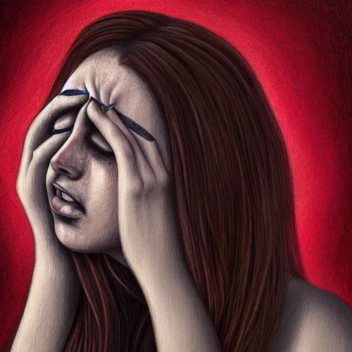 Image similar to a young woman crying while holding a broken heart, sad, despair, heartbreak, pain, hurt, emotional, detailed, digital painting