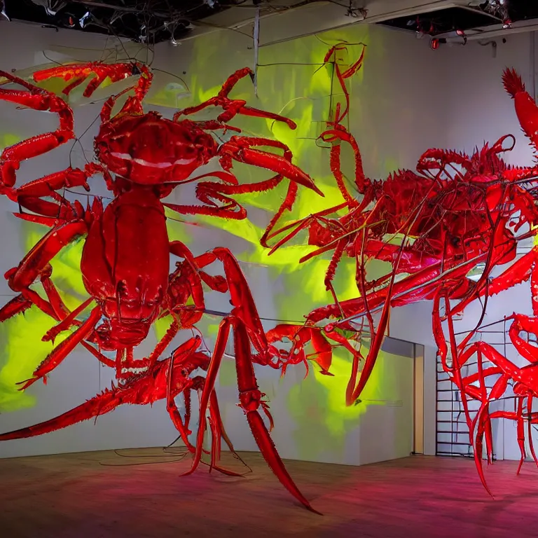 Image similar to fluxus performance of primary colors light projection onto several giant lobsters in a cramped art gallery, high contrast hyperrealism trending on arstation 8 k