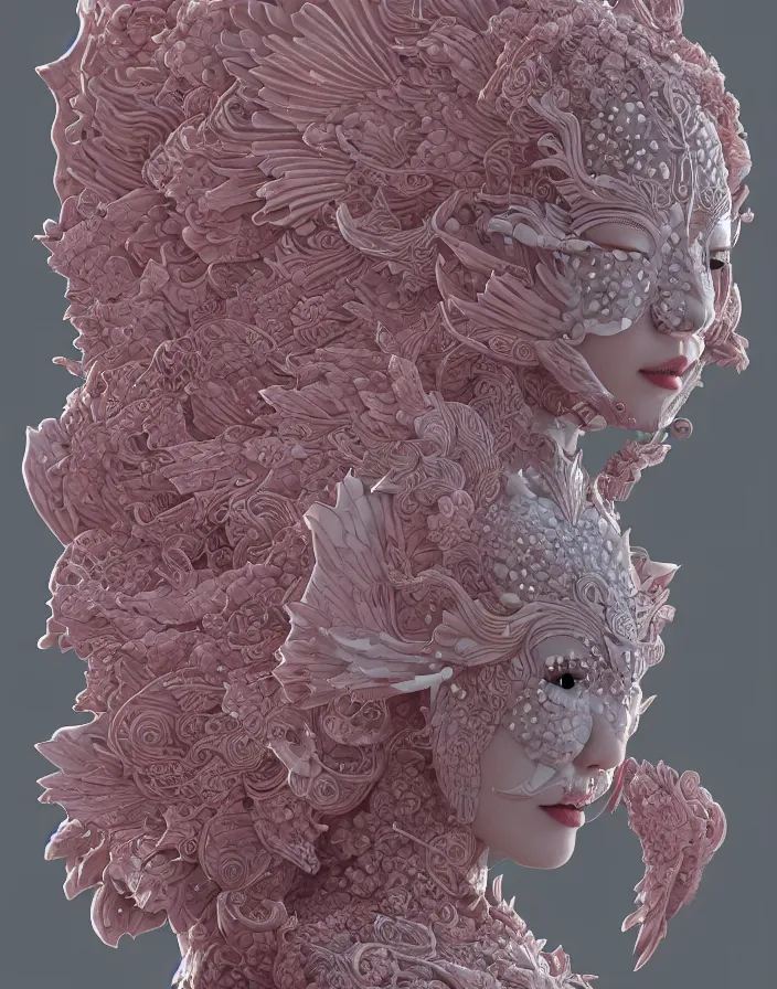 Image similar to 3 d goddess medium shot profile portrait. beautiful intricate highly detailed korean gumiho mask and traditional korean hanbok. stingray, magpie, stingray, magpie, bioluminescent, plasma, lava, ice, water, wind, creature, fog, artwork by tooth wu and wlop and beeple and greg rutkowski, 8 k trending on artstation,