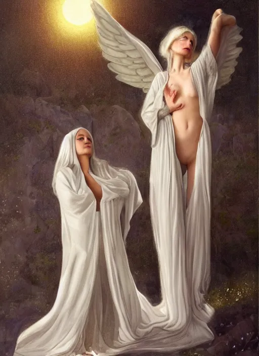 Image similar to thin angel with silver hair so pale and wan!, wearing robes, covered in robes, lone pale wan feminine goddess, wearing silver robes, flowing hair, pale skin, young cute face, covered!!, clothed! oil on canvas, style of lucien levy - dhurmer and jean deville, 4 k resolution, aesthetic!, mystery