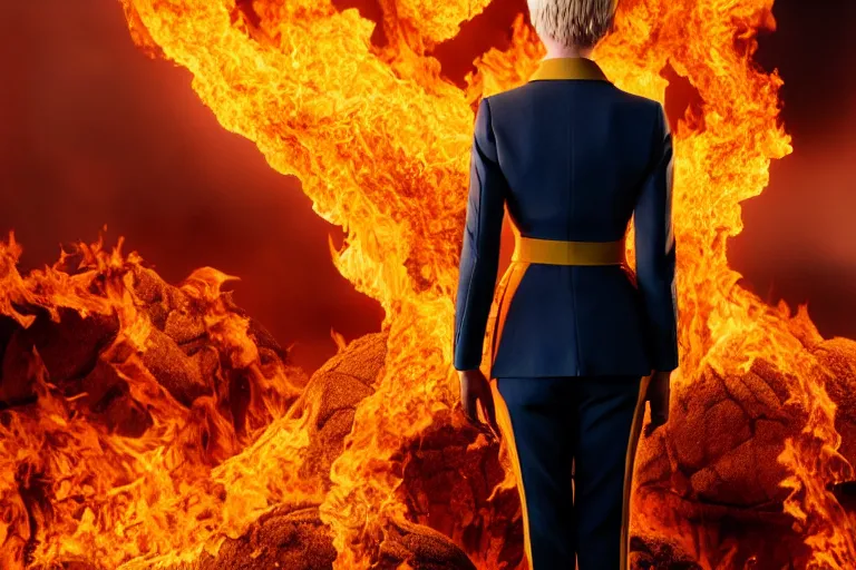 Image similar to a moody photograph of a confident caucasian woman in her 6 0's with short blonde hair wearing a tailored yellow suit standing against a backdrop of the planet earth engulfed in flames. photograph by annie leibowitz, cinematic lighting, sci fi, futuristic