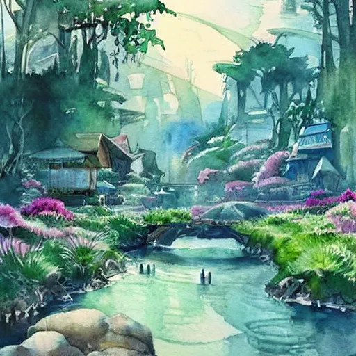 Image similar to Beautiful happy picturesque charming sci-fi town in harmony with nature. Beautiful light. Water and plants. Nice colour scheme, soft warm colour. Beautiful detailed watercolor by Lurid. (2022)