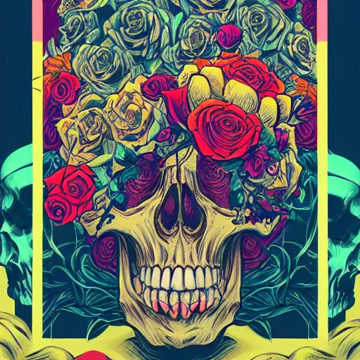 Prompt: ortographic view of large skulls and vivid roses by Jen Bartel and Dan Mumford and Satoshi Kon, gouache illustration, pastel colors-C 10