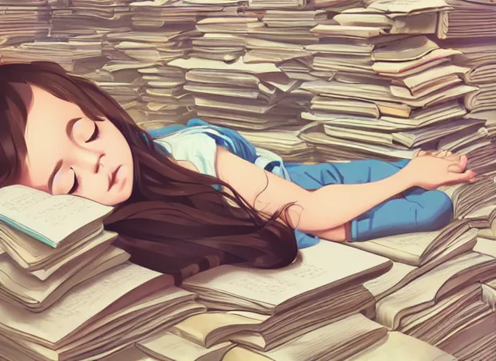 Image similar to a little girl with short wavy curly light brown hair is asleep in pile of books. clean cel shaded vector art. shutterstock. behance hd by lois van baarle, artgerm, helen huang, by makoto shinkai and ilya kuvshinov, rossdraws, illustration, art by ilya kuvshinov