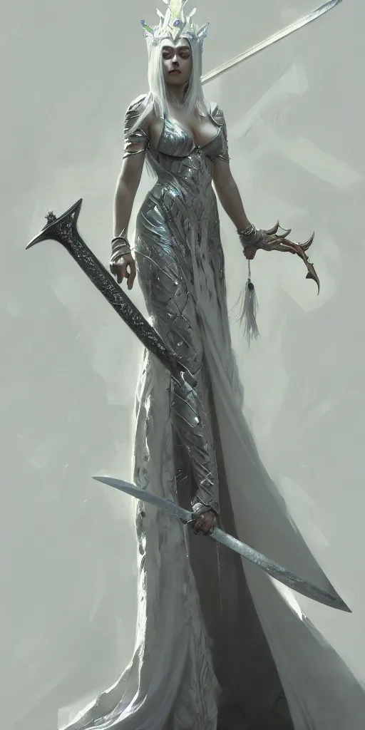 Image similar to craig mullins painting of queen of zokra, silver white hair, long gown, sorceress sword, soft lighting, trending on artstation, by huang guangjian and gil elvgren and sachin teng