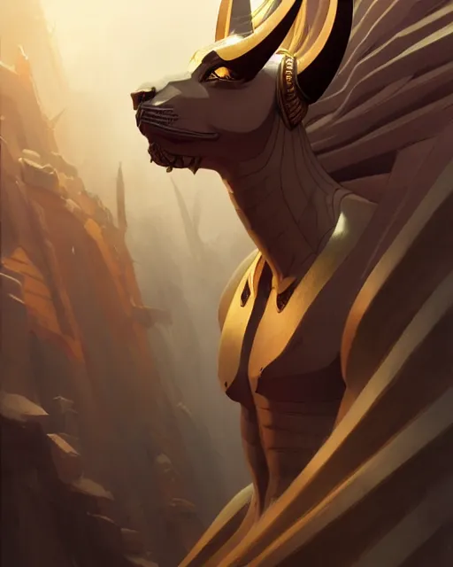 Prompt: side profile, mighty anubis in his chambers of the dead, dramatic, elegant, highly detailed, concept art, smooth, muted colors, by huang guangjian, sachin teng, greg rutkowski, jesper ejsing, ilya kuvshinov, artgerm, mucha