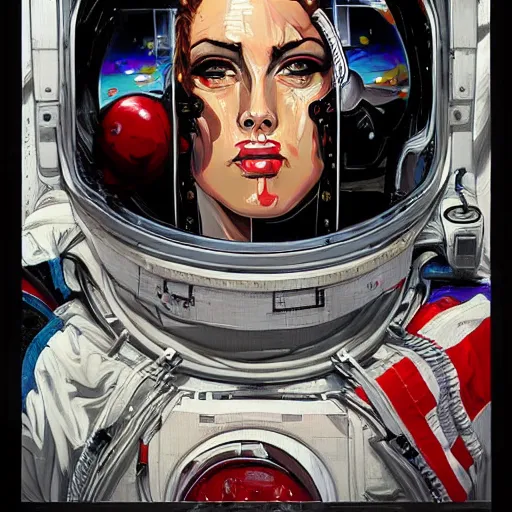 Image similar to high quality high detail painting by josan gonzalez and brian viveros, hd, exaggerated portrait of female astronaut,