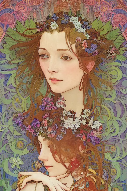 Prompt: a painting of a beatiful young woman with a lot of flowers and plants on its head, birds, poster art by android jones, by alphonse mucha, behance contest winner, generativ line art