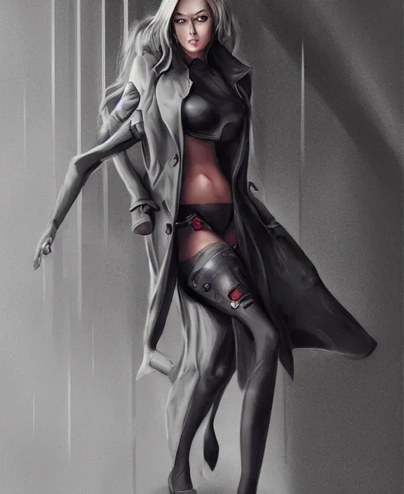 Image similar to photorealistic portrait of a beautiful half cyborg woman with a mischievous look, the half cyborg woman is wearing a long trench coat, in an underground parking garage, in the style of Artgerm and NeoArtCorE, dark mood