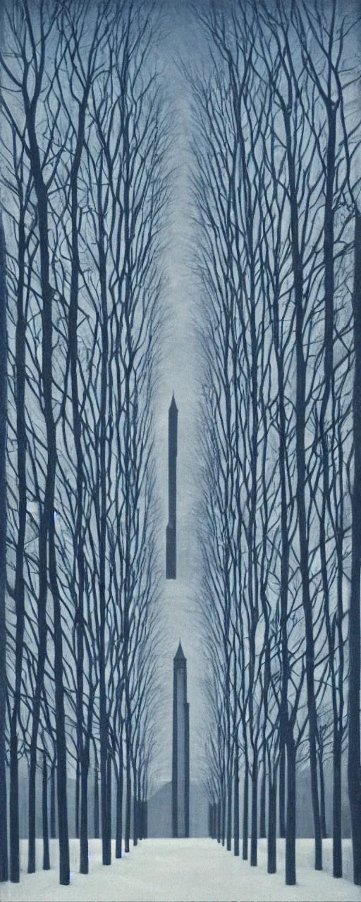 Image similar to University of Michigan campus on a Winter night by Rene Magritte. Long surreal shadows. Blue.