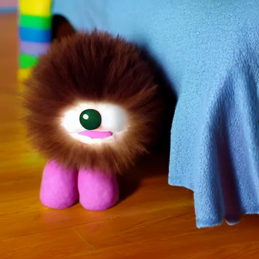 Image similar to cute fluffly monster hiding under the bed, claymation, colourful, children's book style