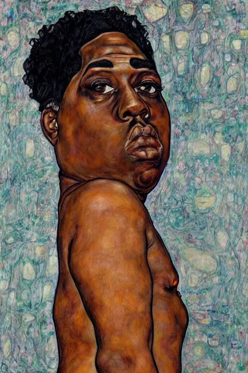 Image similar to a full body portrait of notorious b. i. g. in style of egon schiele, herakut and gustav klimt, masterpiece, hyperdetailed, complex, intricate, 4 k, trending on artstation