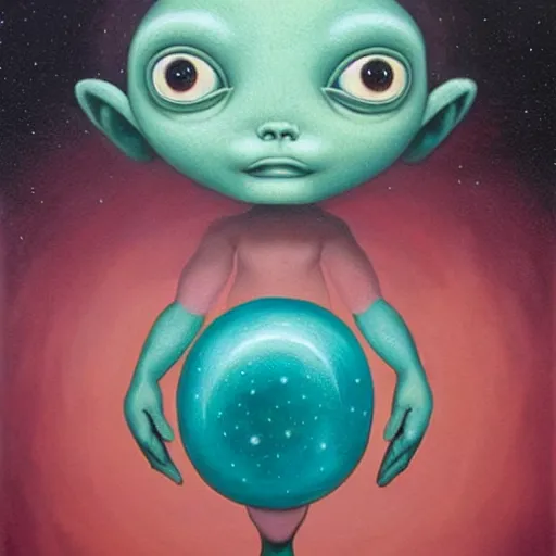 Image similar to a cute alien teal ’ c holds the universe in his hand, an ultrafine detailed painting by mark ryden, trending on deviantart, pop surrealism, whimsical, lowbrow, grotesque