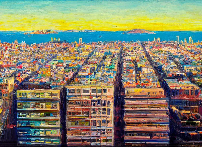 Image similar to a realistic San-Francisco cityscape, from the roof, tall terrace, hills, Golden Gate, houses, parks, and hell bursting in style of Wayne Thiebaud and Bosch