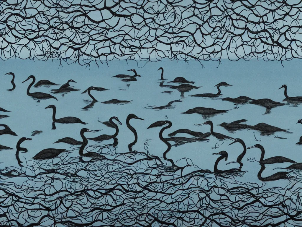 Image similar to black swans chilling in a lake that surrounded by forest, lake is light blue and sky is cloudy, by collaboration of M. C. Escher and Salvador Dali