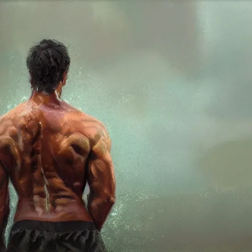 Image similar to a beautiful toned man in the rain, aesthetic, oil painting, pale colors, high detail, 8 k, wide angle, trending on artstation,