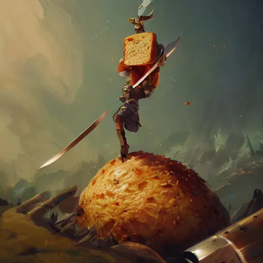 Image similar to a slice of toasted bread with a face, arms and legs, holding a sword and shield, volumetric lighting, dynamic composition, fantasy, hyper detailed, ultra realistic, sharp focus, octane render, concept art by sachin teng and sergey kolesov and ruan jia and heng z