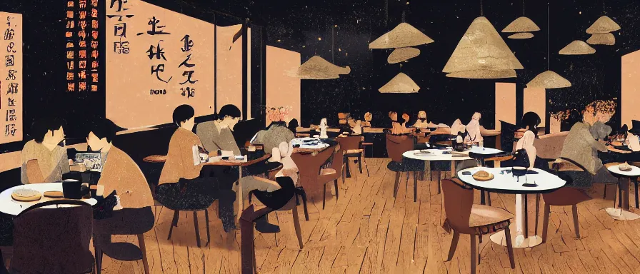 Image similar to a beautiful interior view illustration of a small roasted string hotpot restaurant in yan'an city, wall corner, restaurant wall paper is tower amd mountain, rectangle white porcelain table, people are eating, black chair, animation illustrative style, from china, simple style structure decoration design, victo ngai, james jean, 4 k hd
