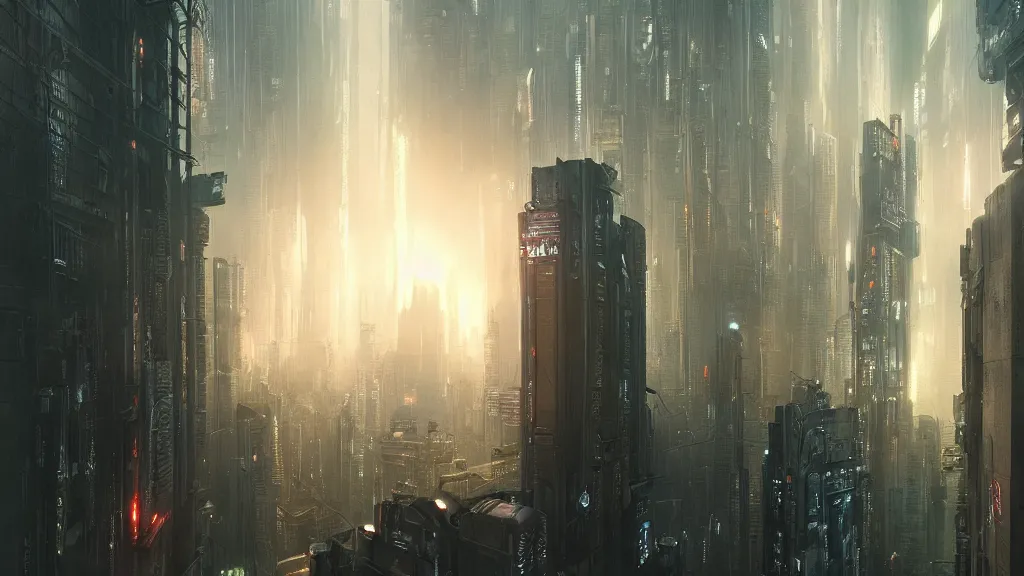 Image similar to a gigantic building in a cyberpunk city, blade runner, ghost in the shell, akira, sunset, gorgeous view, depth, rays of light, gorgeous view, robots, painted by seb mckinnon, high detail, digital art, painted by greg rutkowski, trending on artstation