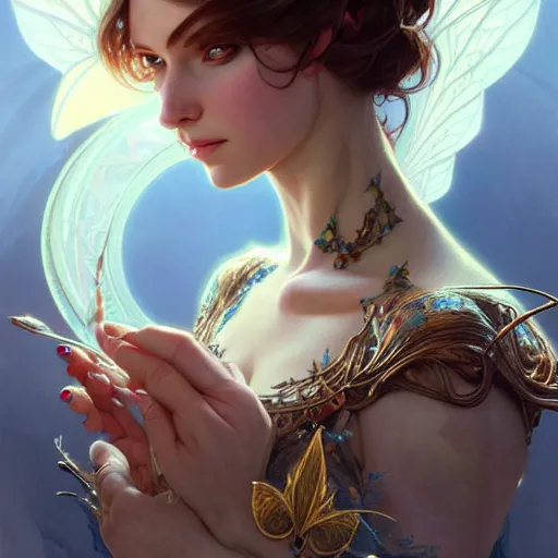 Image similar to Portrait of fairy woman, D&D, blue eyes, face, fantasy, intricate, elegant, highly detailed, digital painting, artstation, concept art, smooth, sharp focus, illustration, art by artgerm and greg rutkowski and alphonse mucha