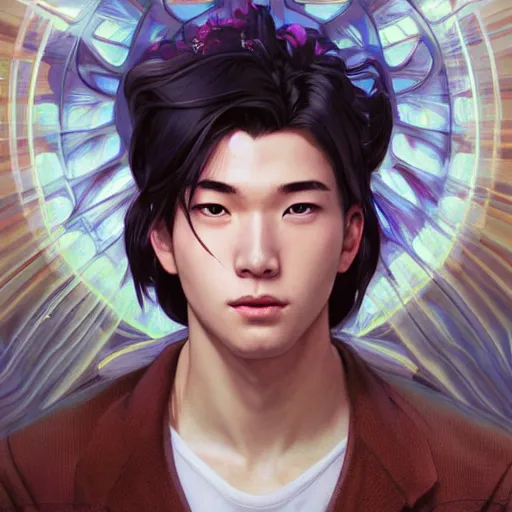 Image similar to character concept, wide angle, symmetrical head - on centralized, young man with japanese clothes. detailed, high quality, dynamic lightning, fantasy, scenematic. artwork by artgerm, wlop, alex ross, greg rutknowski, alphonse mucha