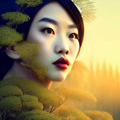 Image similar to innovative avant - garde art, deco fashion, asian women, highly detailed, photorealistic portrait, serene forest setting, golden hour, crisp quality and light reflections, octane render