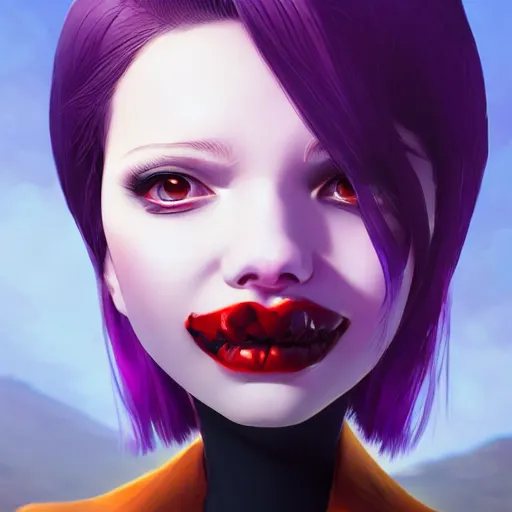 Prompt: pouty lips of vampire woman holding a bullet her teeth. purple gloss by ilya kuvshinov, rossdraws global illumination anime, digital art rococo