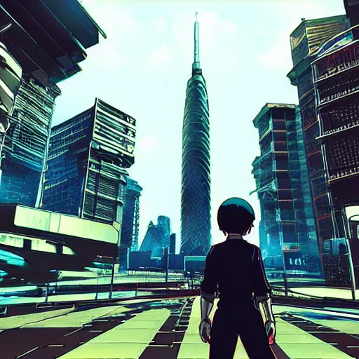 Image similar to “arasaka tower grounds being patrolled by mechs. Dystopian Anime background art in the style of Akira. HD hyperrealistic 8K photomode.”