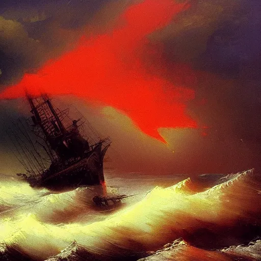 Prompt: bloody ocean, rusted iron ship sinking in red blood ocean, by Ivan Aivazovsky, junji ito, hd 8k