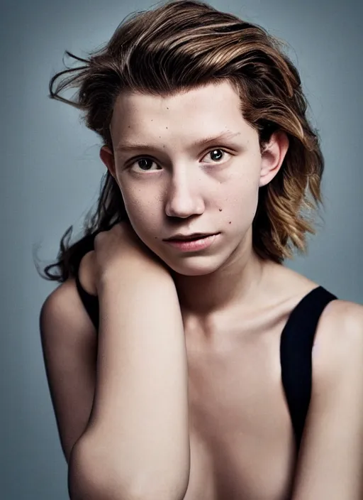 Prompt: portrait of beautiful female tom holland by mario testino, headshot, detailed, award winning, sony a 7 r