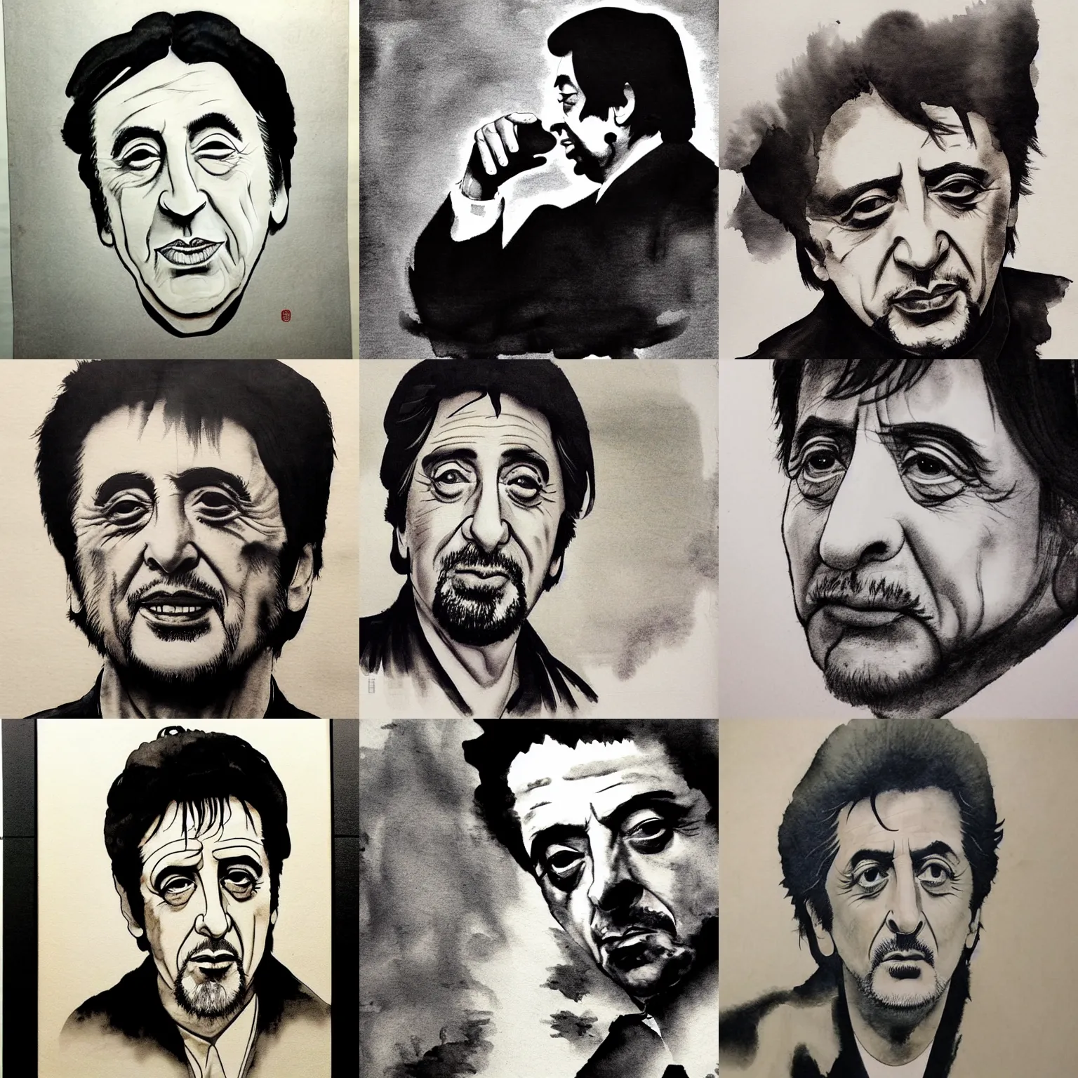 Prompt: a Chinese ink wash painting of Al Pacino