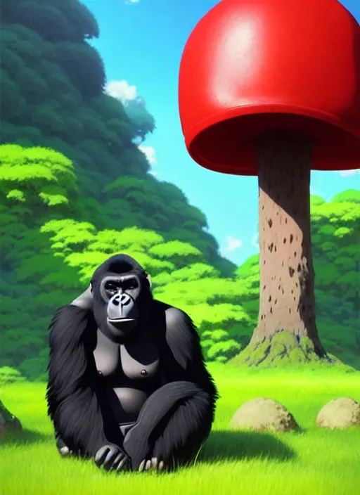 Image similar to portrait of gorilla holding a small red mushroom, sunny sky background, lush landscape, illustration concept art anime key visual trending pixiv fanbox by wlop and greg rutkowski and makoto shinkai and studio ghibli and kyoto animation, symmetrical facial features, black shirt, red headphones, backlit