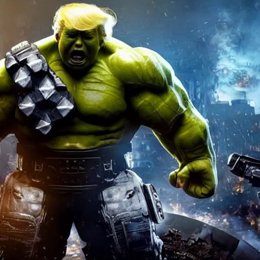 Image similar to ' donald trump as the hulk in gears of war, splash art, movie still, detailed face, maga, cinematic lighting, dramatic, octane render, long lens, shallow depth of field, bokeh, anamorphic lens flare, 8 k, hyper detailed, 3 5 mm film grain