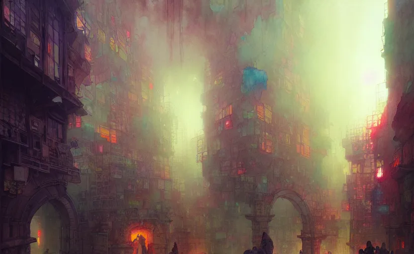 Image similar to subterranean city. intricate, amazing composition, colorful watercolor, by ruan jia, by maxfield parrish, by marc simonetti, by hikari shimoda, by robert hubert, by zhang kechun, illustration, gloomy, volumetric lighting, fantasy