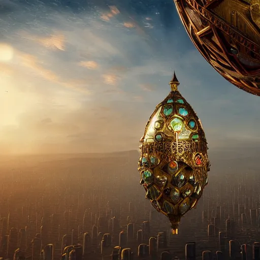 Image similar to enormous flying city in a faberge egg, sky, steampunk, fantasy art, unreal engine,