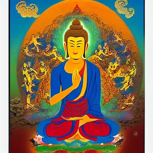 Image similar to peaceful buddhist art, tibetan buddhism example, psychedelic beautiful vision, trending, award-winning