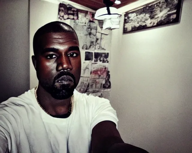 Image similar to my uncle that look like Kanye West if he was poor asf accidentally taking a selfie, front camera, camera flash is so bright in his face, viral, selfie, viral on twitter, viral on instagram, viral photo