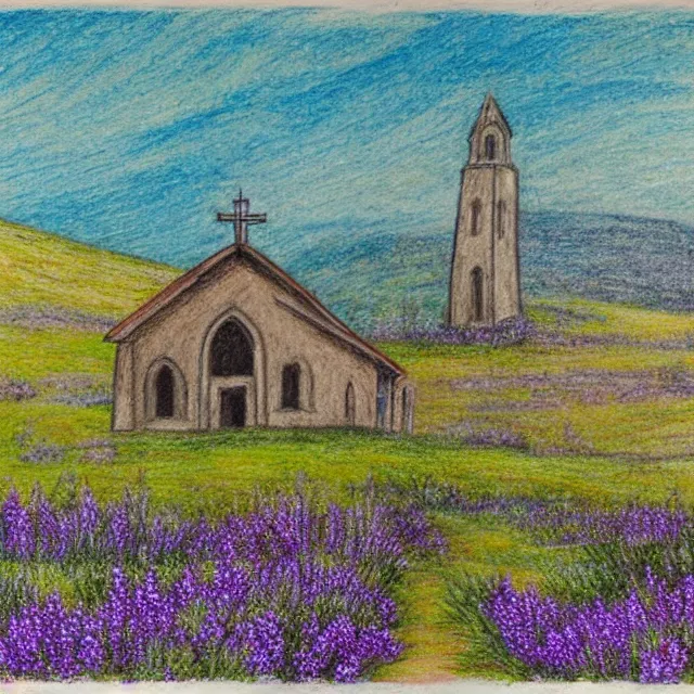 Image similar to abandoned church near a lavander field in italian landscape, colored pencil drawing