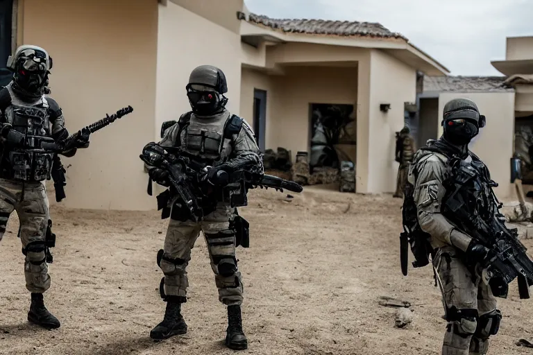 Image similar to Mercenary Special Forces soldiers in grey uniforms with black armored vest and black helmets raising a mansion in 2022, Canon EOS R3, f/1.4, ISO 200, 1/160s, 8K, RAW, unedited, symmetrical balance, in-frame, combat photography