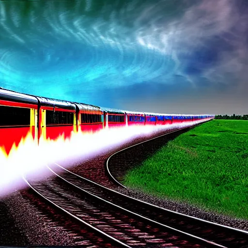 Image similar to A digital art of an Indian train flying through the sky with magical jet turbines, but as a photograph