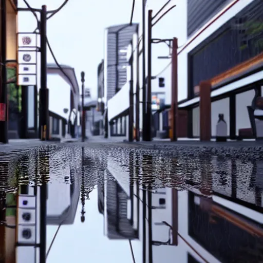 Image similar to still photo of rain puddles and reflections in a japanese street, cloudy weather, highly detailed, photorealistic shot, bright studio setting, studio lighting, crisp quality and light reflections, unreal engine 5 quality render