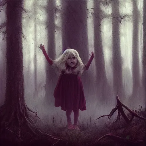 Image similar to “evil child girl making a ritual in a magical forest by leesha hannigan, artwork”