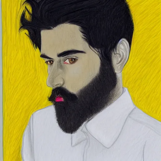 Prompt: a drawing of a man with black hair and beard, wearing a black jacket, white shirt and jeans, trapped in a dimly lit room, looking confused, vivid colors, soft lighting, atmospheric, cinematic, moody, oil on canvas, 8 k