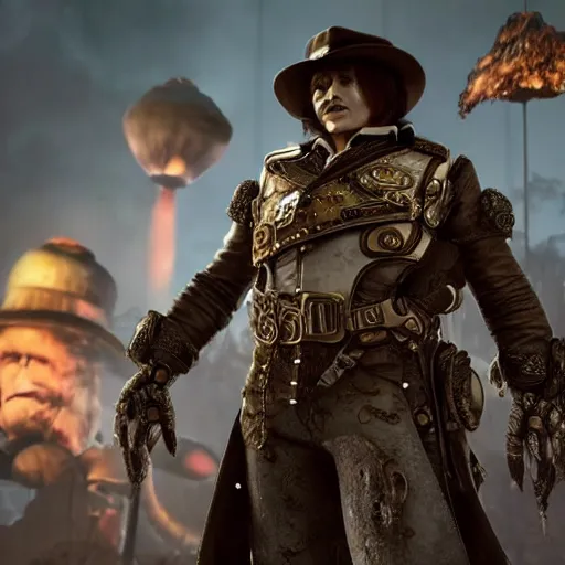 Image similar to johnny depp as willy wonka in gears of war, splash art, movie still, cinematic lighting, dramatic, octane render, long lens, shallow depth of field, bokeh, anamorphic lens flare, 8k, hyper detailed, 35mm film grain