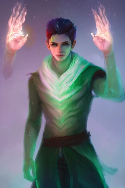 Prompt: a human elemental sorcerer, forest setting, colorful magic, male, white skin, young, sharp focus, concept art, dynamic lighting, unreal engine, by emylie boivin 1. 0 | kyle herring 2. 0