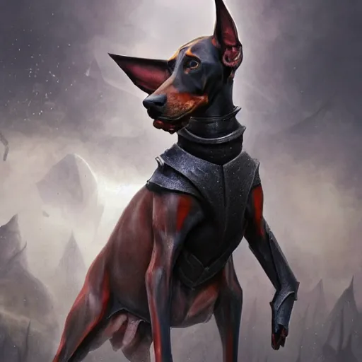 Image similar to Doberman dog, battle armour, Anthropomorphized, casting epic spell, magic the gathering artwork, D&D, fantasy, cinematic lighting, centered, symmetrical, highly detailed, digital painting, artstation, concept art, smooth, sharp focus, illustration, volumetric lighting, epic Composition, 8k, art by Akihiko Yoshida and Greg Rutkowski and Craig Mullins, heroic pose, oil painting, cgsociety, magic lab background